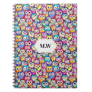 Owl faces colourful woodland birds pattern monogra notebook
