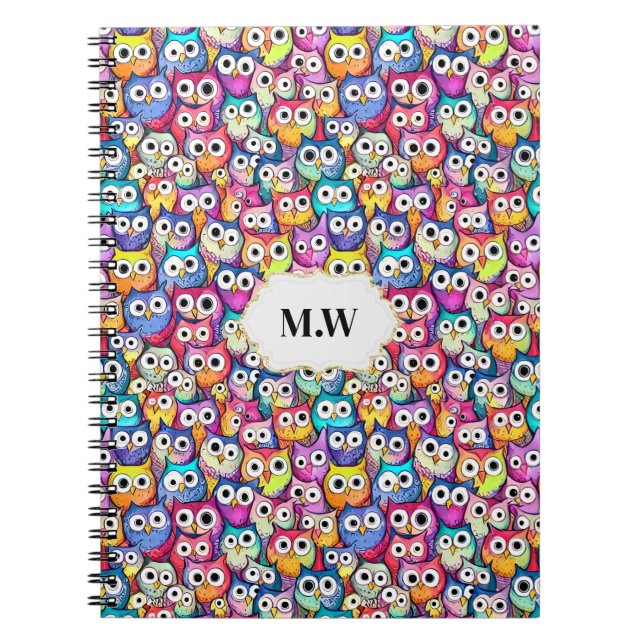 Owl faces colourful woodland birds pattern monogra notebook (Front)