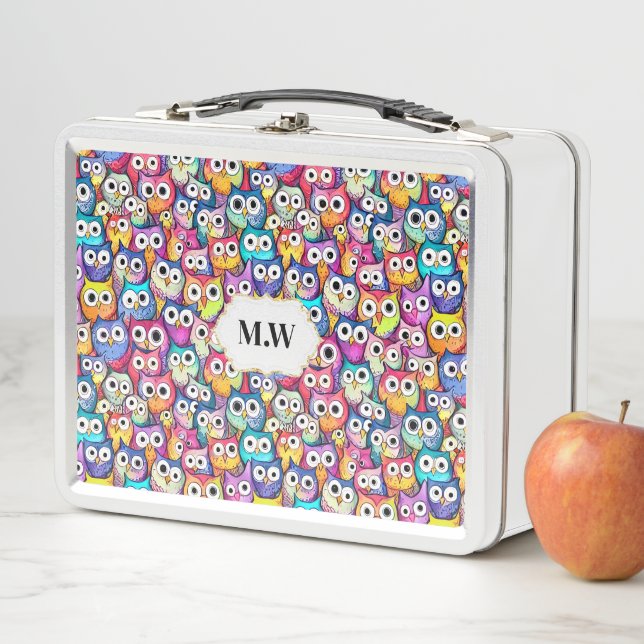 Owl faces doodle pattern birds monogram initials metal lunch box (In Situ)