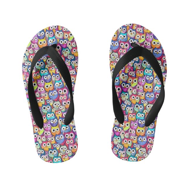 Owl faces whimsical birds pattern monogram cool kid's flip flops (Footbed)