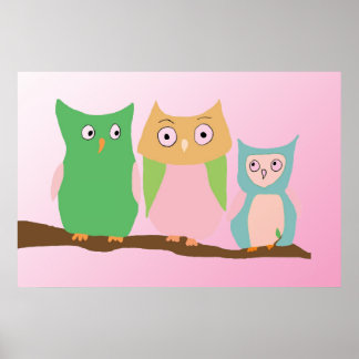 Owl Family on Pink Poster