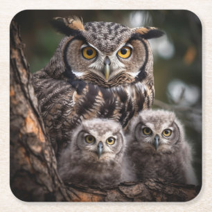 Owl Family Square Paper Coaster