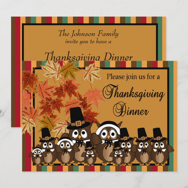 Owl Family Thanksgiving Turkey Dinner Invitation (Front/Back)