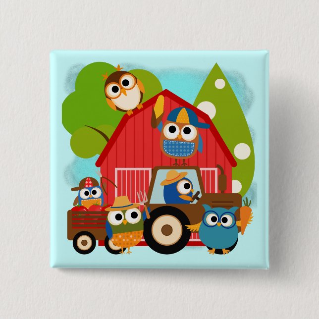 Owl Farmers 2 Inch Square Button (Front)