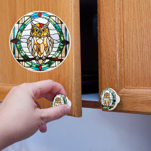 Owl Faux Stained Glass  Ceramic Knob