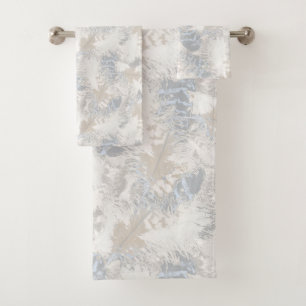 owl Feathers, gray, beige and blue, bird, light,  Bath Towel Set