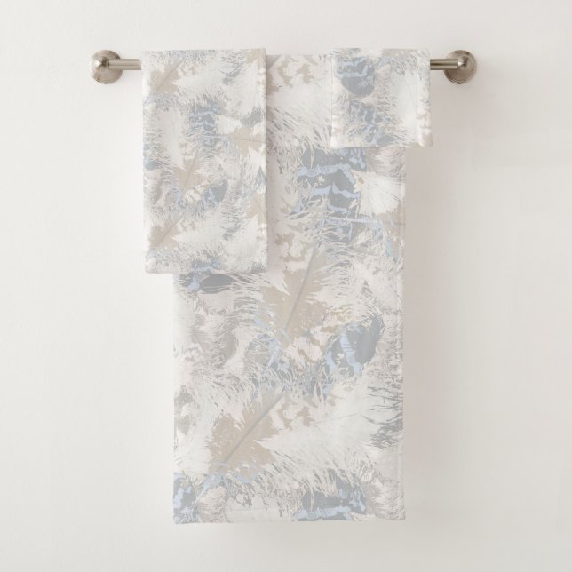 owl Feathers, gray, beige and blue, bird, light,  Bath Towel Set (Insitu)