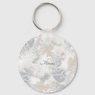 owl Feathers, gray, beige and blue, bird, light, Keychain