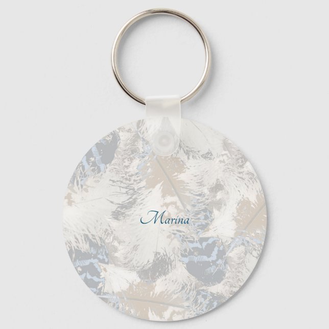 owl Feathers, gray, beige and blue, bird, light, Keychain (Front)