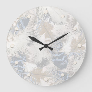 owl Feathers, gray, beige and blue, bird, light, Large Clock