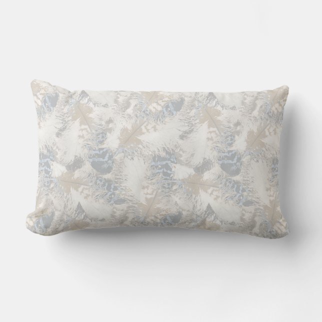 owl Feathers, gray, beige and blue, bird, light,  Lumbar Pillow (Front)