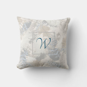 owl Feathers, gray, beige and blue, monogram Throw Pillow