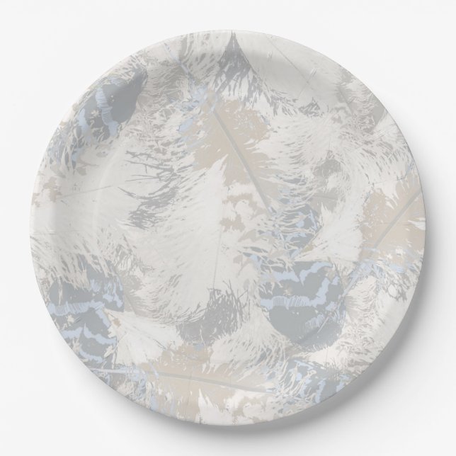 owl Feathers, grey, beige and blue, bird, light, Paper Plate (Front)