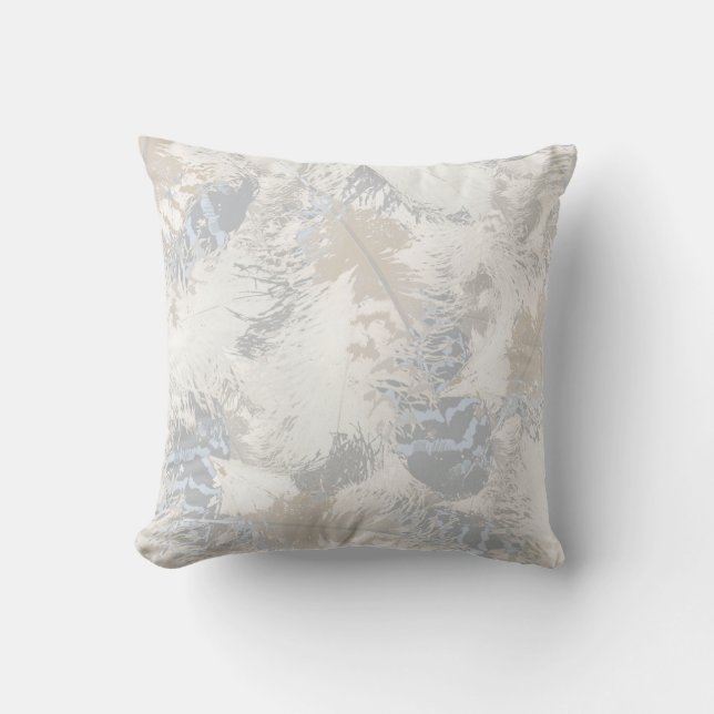 owl Feathers, grey, beige and blue, bird, light, T Throw Pillow (Front)