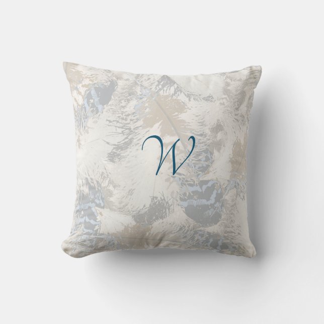 owl Feathers, grey, beige and blue, bird, light, Throw Pillow (Front)