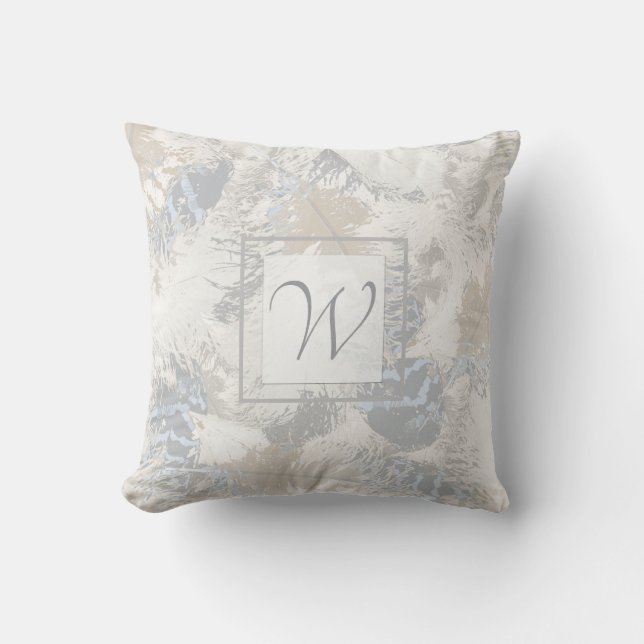owl Feathers, grey, beige and blue, monogram Throw Pillow (Front)
