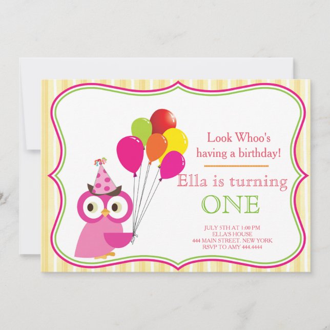 Owl First Birthday Girl Party Invitation (Front)