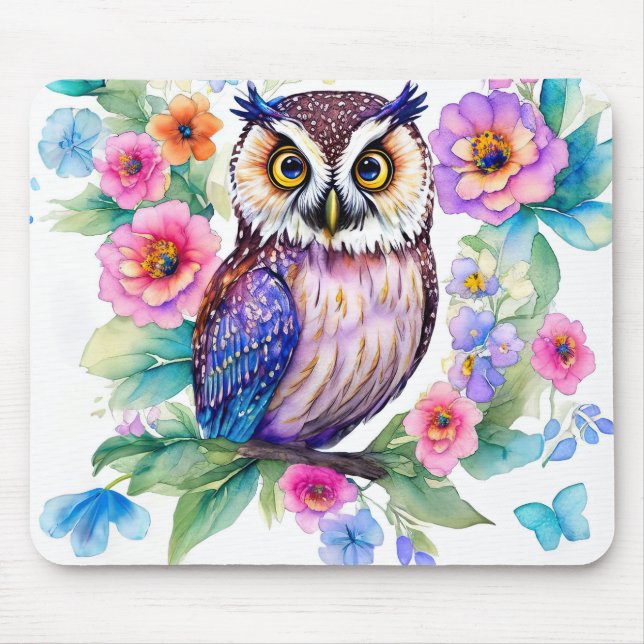 Owl Floral Artistic Watercolor Mouse Pad (Front)