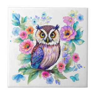 Owl Floral Artistic Watercolor Tile