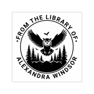 Owl Flying Front View, Fir Trees Library Book Name Self-inking Stamp