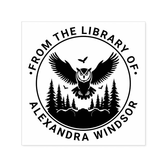 Owl Flying Front View, Fir Trees Library Book Name Self-inking Stamp (Design)