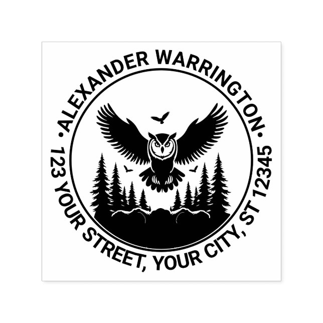 Owl Flying Front View Fir Trees Name Ret Address Self-inking Stamp (Design)