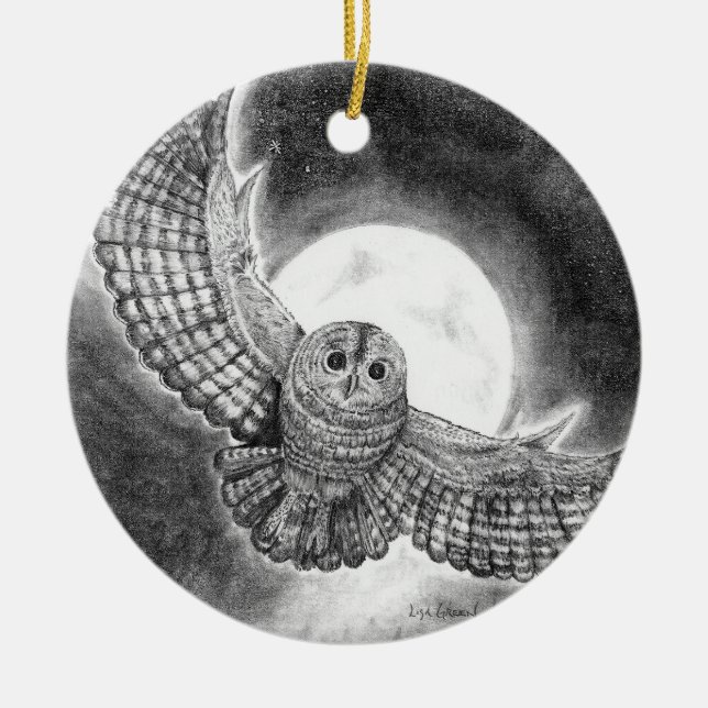 Owl Flying on a Moonlit Night Ceramic Ornament (Front)