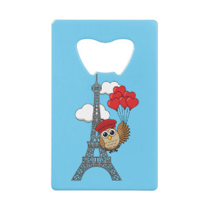 Owl Flying with Heart Balloons in Paris Credit Card Bottle Opener