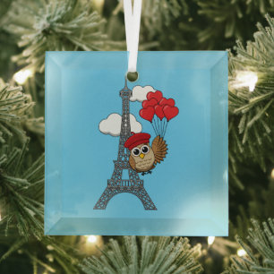 Owl Flying with Heart Balloons in Paris Glass Ornament