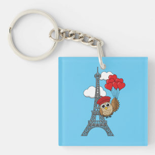 Owl Flying with Heart Balloons in Paris Keychain