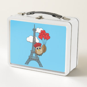Owl Flying with Heart Balloons in Paris Metal Lunch Box