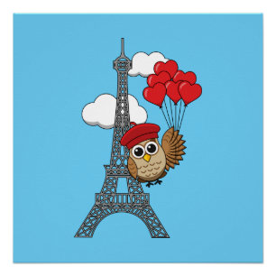 Owl Flying with Heart Balloons in Paris Poster