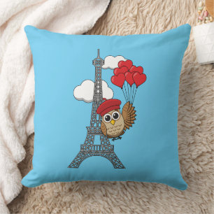 Owl Flying with Heart Balloons in Paris Throw Pillow