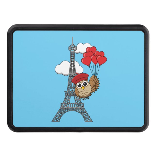 Owl Flying with Heart Balloons in Paris Trailer Hitch Cover (Front)