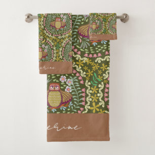 Owl Folk Green Bath Towel Set
