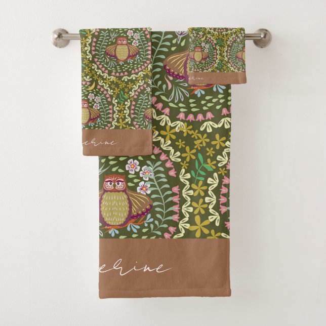 Owl Folk Green Bath Towel Set (Insitu)