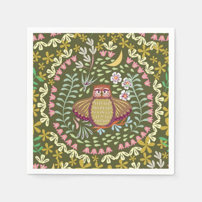 Owl Folk Green Napkin (Front)
