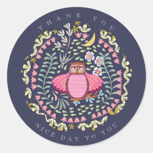 Owl Folk Navy Classic Round Sticker