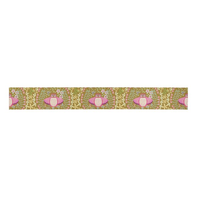 Owl Folk Olive Grosgrain Ribbon (Front)