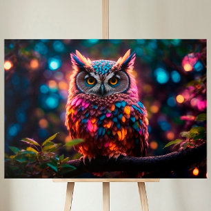 Owl Forest Bird Hunter Colourful Feathers Lights  Canvas Print