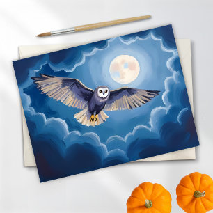 Owl Full Moon Halloween Watercolor Holiday Card