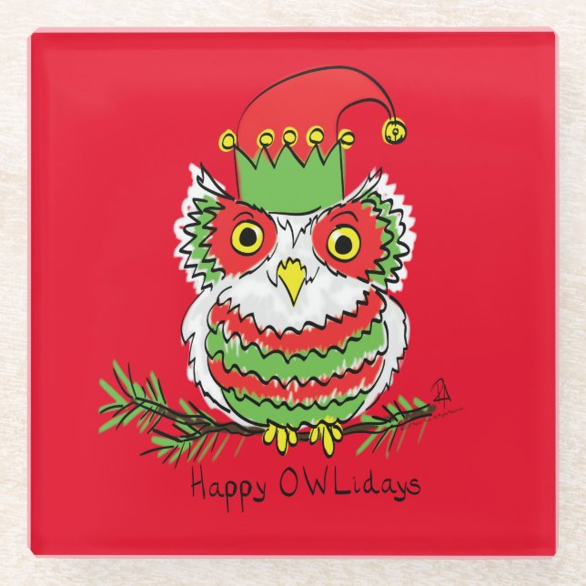 Owl Funny Christmas Cute Kids Glass Coaster (Front)