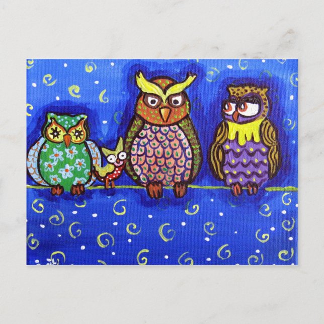 Owl Get Together Fun Folk Art Postcard (Front)
