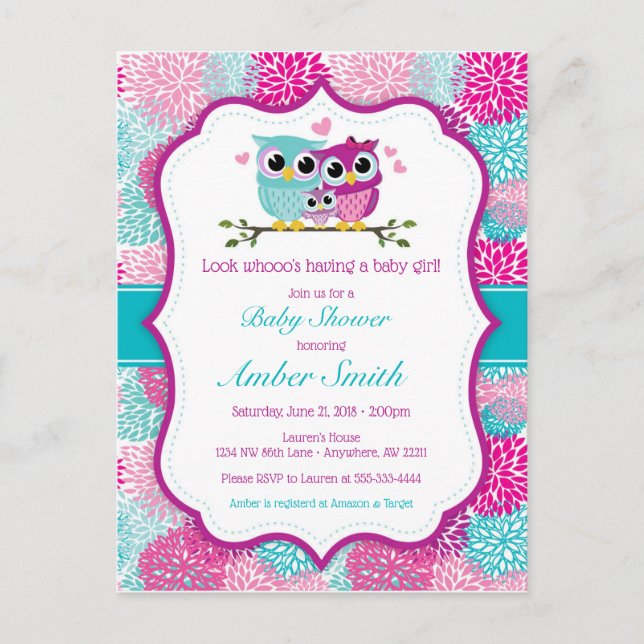 Owl Girl Baby Shower Invitation Postcard (Front)