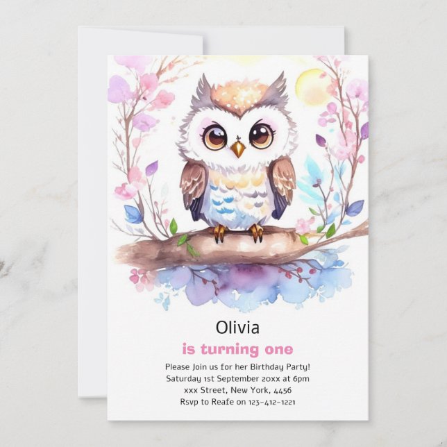Owl Girl First Birthday Invitation (Front)