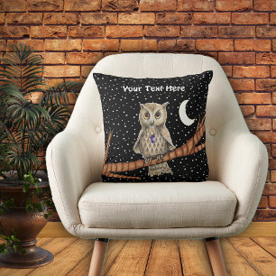 Owl Golden Eyes Crystal Necklace Moon Stars Black Throw Pillow