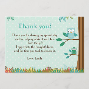 Owl Green Brown Party Thank You Card