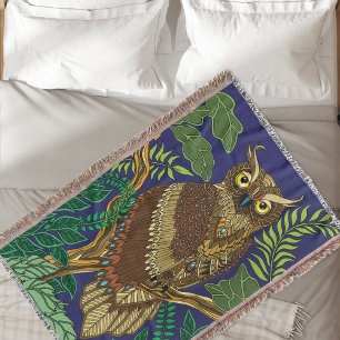 Owl Green Forest Leaves Throw Blanket