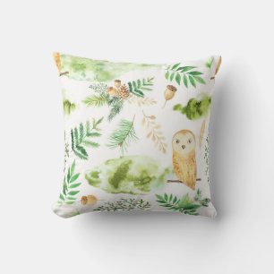 Owl Greenery Watercolor Throw Pillow