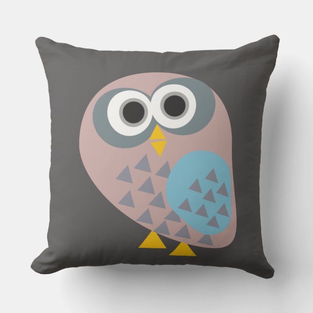 Owl grey blue mauve  throw pillow (Front)